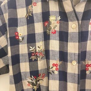 Vintage Cottagecore Gingham Floral Embroidered Navy Checkered Blouse